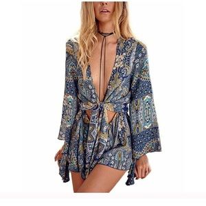 Plunging neckline boho floral romper